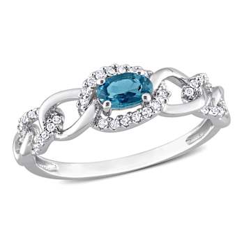 London Blue Topaz & Diamond 10K White Gold Link Ring 0.44ctw