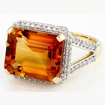 Citrine Rectangular Octagonal And White Diamond Halo Ring In Solid 14K
Yellow Gold 4.55ctw