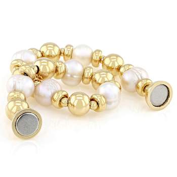 Cultured Freshwater Pearl And Bead Station Bracelet In 18K Gold Over
Bronze 8mm Magnetic Clasp