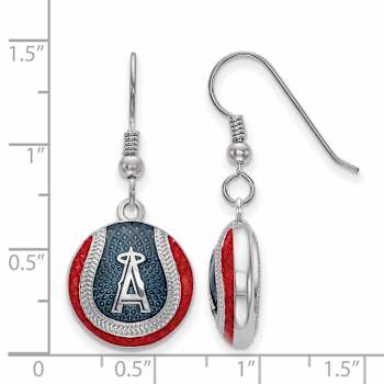 Rhodium Over Sterling Silver MLB LogoArt LA Angels Enamel Dangle Earrings