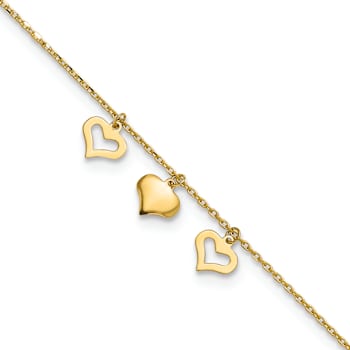 10k Yellow Gold 3 Hearts Charm Cable Link Anklet