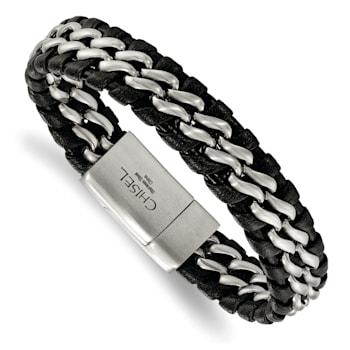 Black Leather and Stainless Steel Brushed 8.5-inch Bracelet