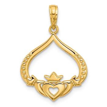 14k Yellow Gold Polished and Textured Claddagh Pendant