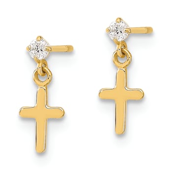 14K Yellow Gold Children's Cubic Zirconia Cross Dangle Earrings