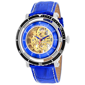 Christian Van Sant Men's Dome Yellow Skeleton Dial, Black Bezel, Blue
Leather Strap Watch