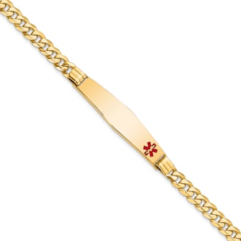 14k Yellow Gold Medical Soft Diamond Shape Red Enamel Curb Link ID Bracelet