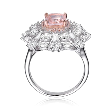 Morganite Cubic Zirconia, Rhodium Plated over Sterling Silver Halo Ring