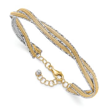 14k Two-tone Gold Diamond-Cut and Textured Braided Bangle with Safety Chain
