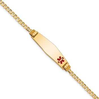 14k Yellow Gold Medical Soft Diamond Shape Red Enamel Curb Link ID Bracelet