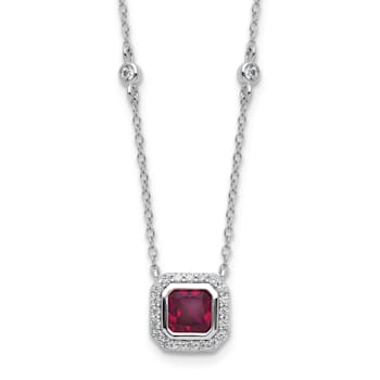 Rhodium Over Sterling Silver Fancy Created Ruby and Cubic Zirconia Necklace