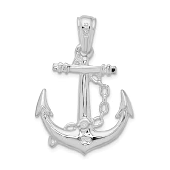 Rhodium Over Sterling Silver Polished 3D Anchor with Chain Pendant