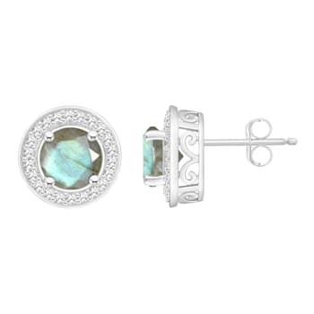 6mm Round Labradorite 1/5 ctw Diamond Rhodium Over Sterling Silver Halo
Stud Earrings
