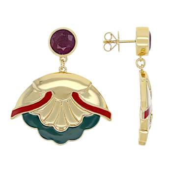 Ruby And Enamel Dangle Artisan Inspired Earrings In 18K Gold Over
Sterling Silver 5.04ctw