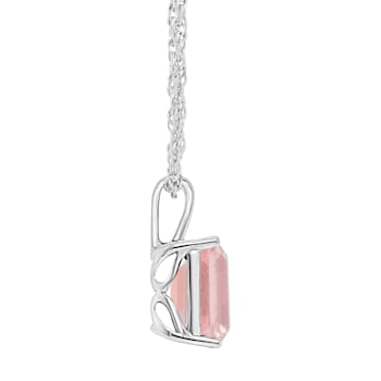 10x8mm Emerald Cut Rose Quartz Rhodium Over Sterling Silver Pendant With Chain