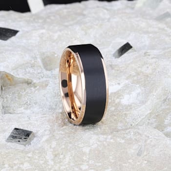 STEPHEN Rose Gold Plated Black Titanium Flat Brushed Wedding Ring With
Beveled Polished Edges 8mm