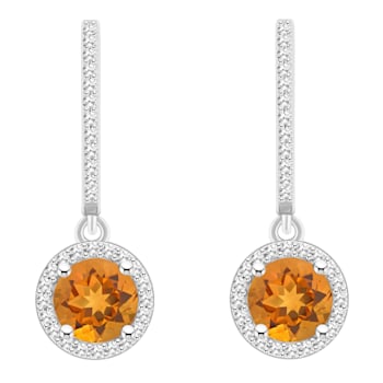 6mm Round Citrine 1/3 ctw Diamond Rhodium Over Sterling Silver Halo
Dangle Earrings