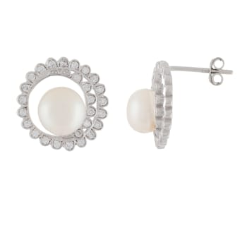 White Cultured Freshwater Pearl and CZ Rhodium Over Sterling Silver
7-8mm Button Earrings