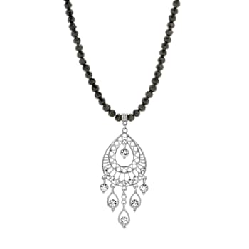 Black Bead Crystal Filigree Teardrop Pendant Necklace 15" Adj.