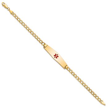 14k Yellow Gold Medical Soft Diamond Shape Red Enamel Curb Link ID Bracelet