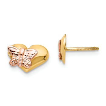 Rhodium Over 14k Yellow Gold Polished Butterfly Heart Screwback Earrings