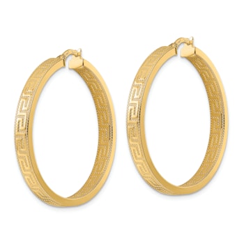 14k Yellow Gold 1 7/16" Textured Greek Key Hoop Earrings