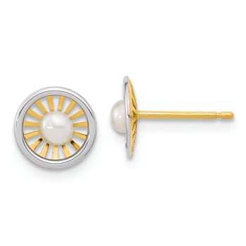 14k Two-tone Gold 7.98mm Stud Earrings with 3-3.5mm Freshwater Cultured Pearl