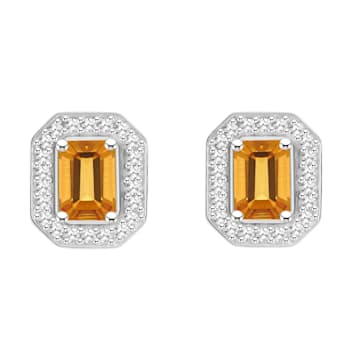 6x4mm Emerald Cut Citrine 1/5 ctw Diamond Rhodium Over Sterling Silver
Halo Stud Earrings