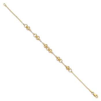 10k Yellow Gold Diamond-Cut Textured Hearts and Beads Link Bracelet