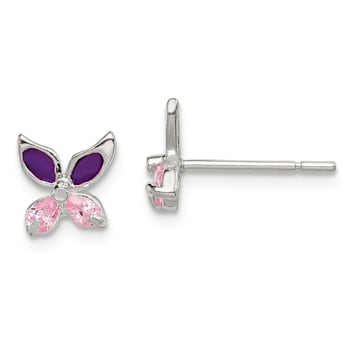 Sterling Silver Pink CZ and Purple Enamel Butterfly Children's Post Earrings