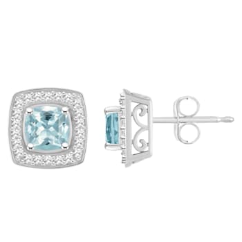 5mm Cushion Aquamarine 1/5 ctw Diamond Rhodium Over Sterling Silver Halo
Stud Earrings