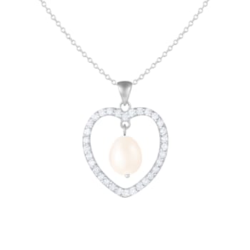 8-8.5mm White Cultured Freshwater Pearl Sterling Silver Pendant W/Chain