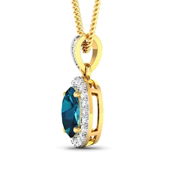 1.10ctw 14K Yellow Gold Blue London Blue Topaz and White Diamond Pendant
with 18 inch Cable Chain