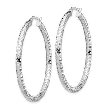 Rhodium Over 14k White Gold 1 3/4" Diamond-Cut Hoop Earrings