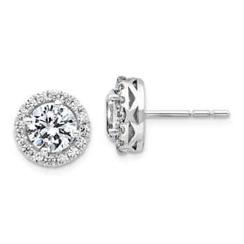 Rhodium Over 14K White Gold Round Halo G H I True Light Moissanite Earrings