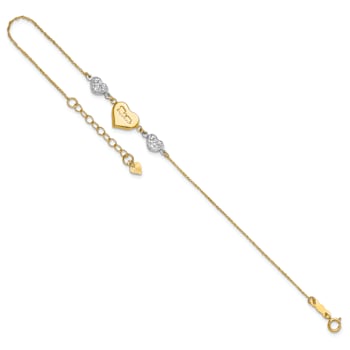 14k Two-tone Gold Puffed Mom Heart and Diamond-Cut Hearts Bracelet