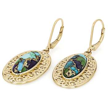 Multi-Color Blended Turquoise Oval Dangle Earrings In 18K Gold Over
Sterling Silver 17x7mm