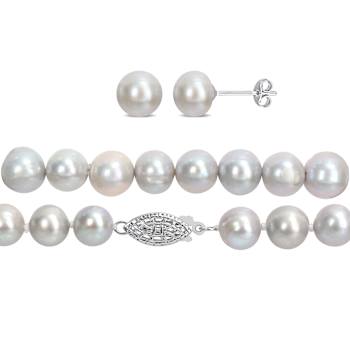 7.5-8mm Grey Freshwater Cultured Pearl Stud Earrings, Strand Bracelet
& Necklace Set