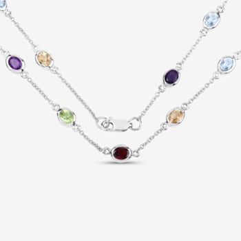 Multi Gemstone Rhodium Over Sterling Silver Station Necklace