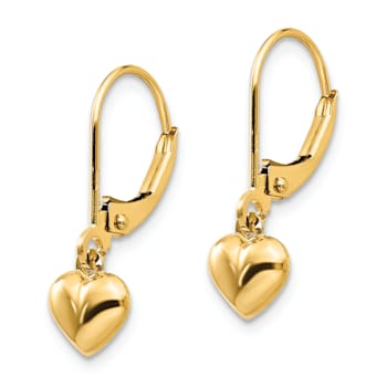 14K Yellow Gold Puffed Polished Heart Drop Leverback Earrings