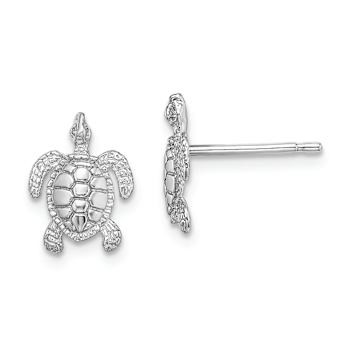 Rhodium Over 14k White Gold Polished and Textured Sea Turtle Stud Earrings