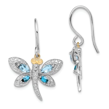 Rhodium Over Sterling Silver with 14K Yellow Gold London Blue Topaz and
Diamond Dragonfly Earrings