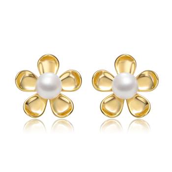 Pear Shape Freshwater Pearl Daisy Stud Earrings In 14K Gold Over
Sterling Silver