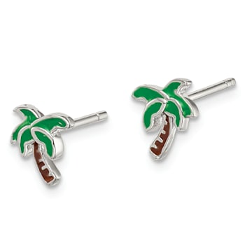 Rhodium Over Sterling Silver Enameled Palm Tree Post Earrings