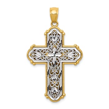 14K Two-tone Gold  Reversible Diamond-Cut Filigree Cross Pendant