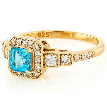 Blue Apatite And White Zircon Ring In 18K Gold Over Sterling Silver 1.50ctw