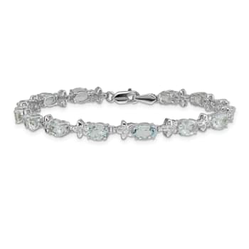Rhodium Over 14k White Gold Floral Diamond and Aquamarine Bracelet