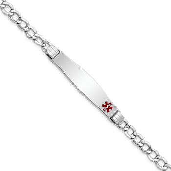 Rhodium Over 14k White Gold Medical Soft Diamond Shape Red Enamel Cuban
ID Bracelet