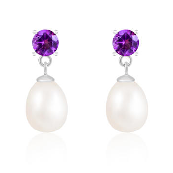 White Freshwater Pearl And Amethyst Dangle Earrings In Sterling Silver