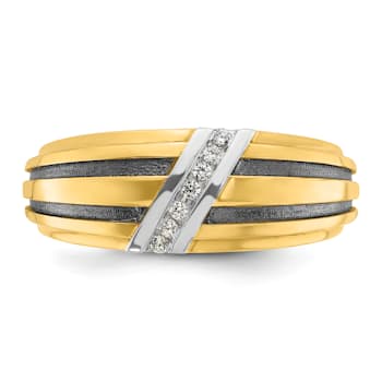 10K Two-tone Yellow Gold with Black Rhodium Men's Polished Diamond Ring 0.06ctw