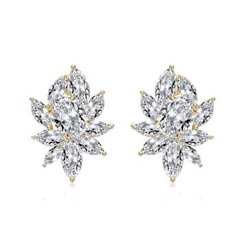 CZ Corsage Flower Cluster Stud Earrings In 14K Gold Over Sterling Silver